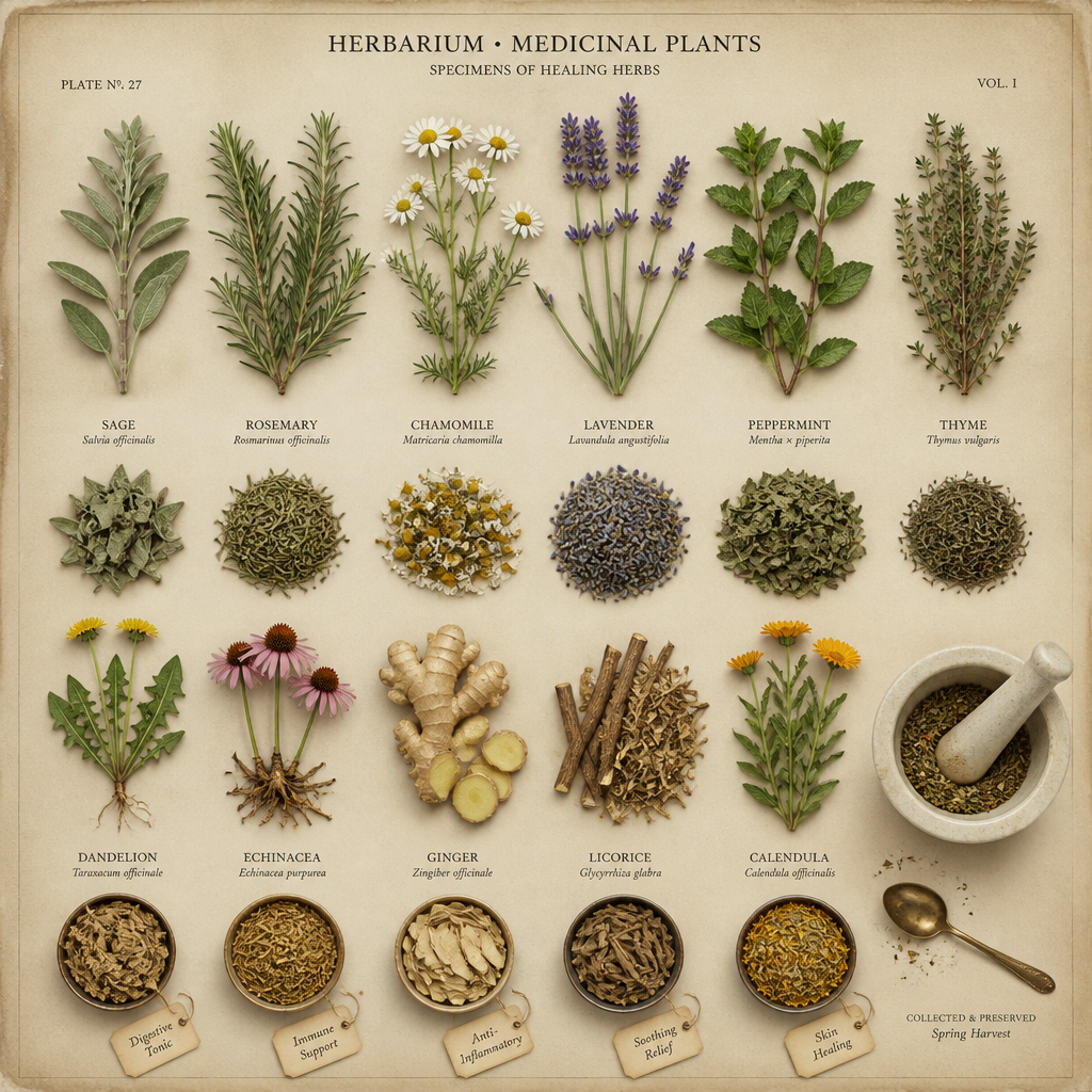 Ilustração botânica vintage com ervas medicinais organizadas sistematicamente